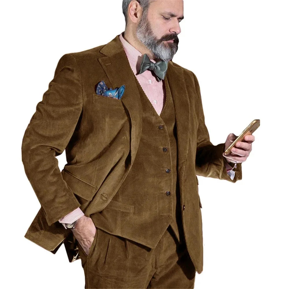 Ensemble de costume élégant pour homme, blazer en velours côtelé, gilet et pantalon, 3 pièces, pour fête de mariage, marié, sur mesure, coupe cintrée, costumes formels