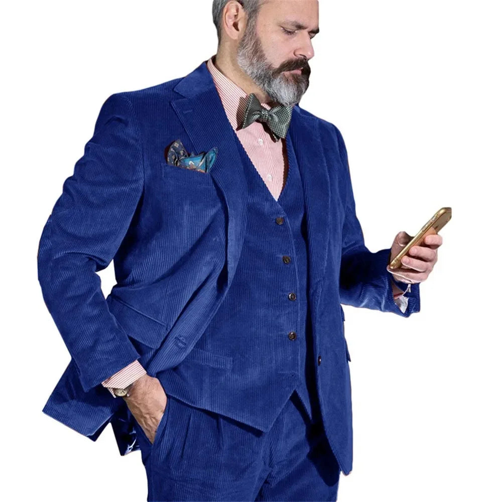 Ensemble de costume élégant pour homme, blazer en velours côtelé, gilet et pantalon, 3 pièces, pour fête de mariage, marié, sur mesure, coupe cintrée, costumes formels
