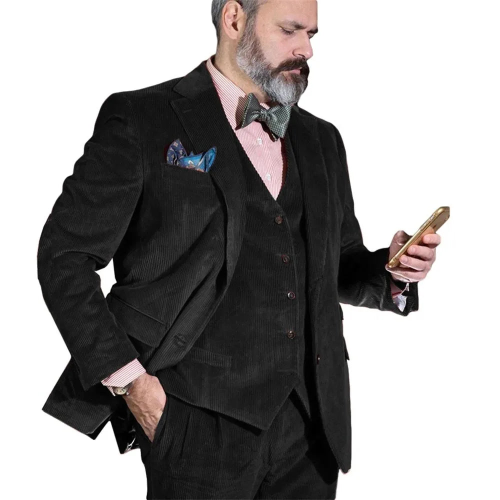 Ensemble de costume élégant pour homme, blazer en velours côtelé, gilet et pantalon, 3 pièces, pour fête de mariage, marié, sur mesure, coupe cintrée, costumes formels