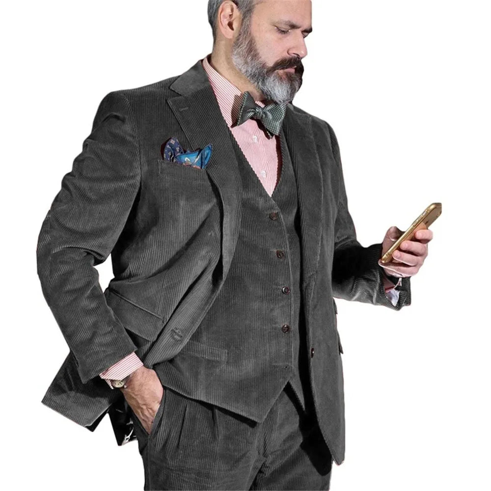 Ensemble de costume élégant pour homme, blazer en velours côtelé, gilet et pantalon, 3 pièces, pour fête de mariage, marié, sur mesure, coupe cintrée, costumes formels