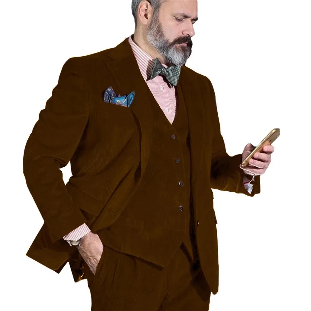 Ensemble de costume élégant pour homme, blazer en velours côtelé, gilet et pantalon, 3 pièces, pour fête de mariage, marié, sur mesure, coupe cintrée, costumes formels