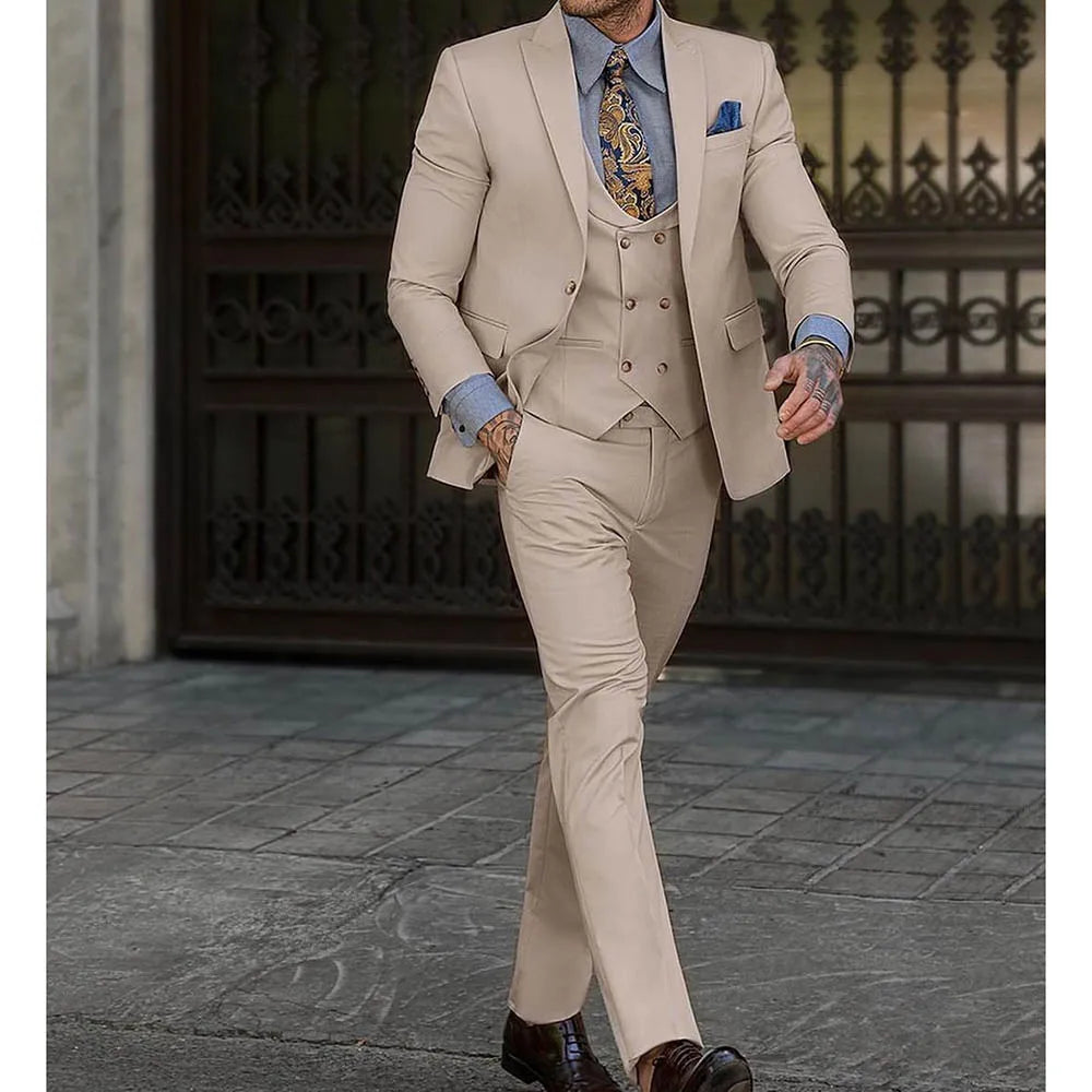 Trajes elegantes para hombre, de 3 piezas, con chaqueta, pantalón y chaleco, de botonadura sencilla y solapa de pico, de largo regular, para boda.