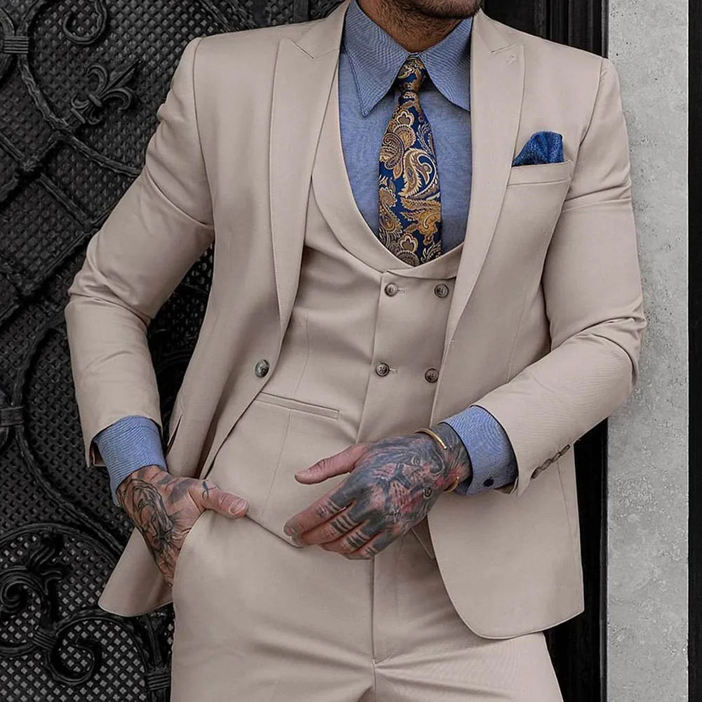 Trajes elegantes para hombre, de 3 piezas, con chaqueta, pantalón y chaleco, de botonadura sencilla y solapa de pico, de largo regular, para boda.