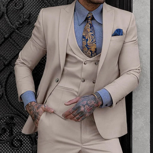 Elegant Men Suits 3 Piece Jacket Pants Vest Male Clothing Single Breasted Peak Lapel Regular Length Wedding Clothing Costume