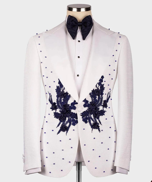 Trajes de boda elegantes para hombre, solapas de pico, apliques de cuentas, esmoquin para novio, fiesta de negocios, 2 piezas, blazer, pantalones, traje personalizado