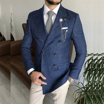 Elegant Men's Suits Custom Formal Double Breasted Peak Lapel Slim Fit Male Clothing Prom Party Denim Blazer 2 Piece Jacket Pants