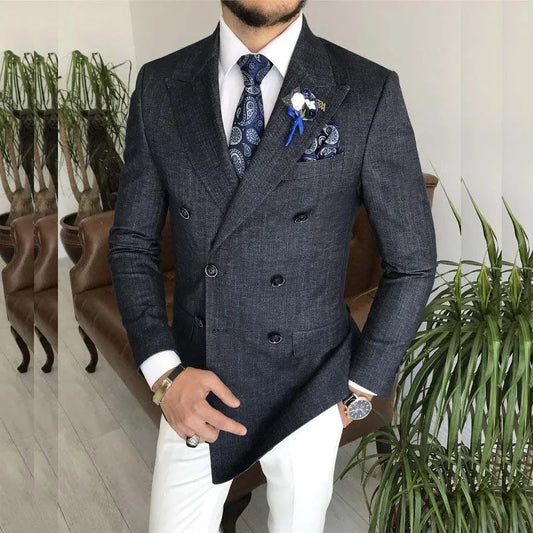 Elegant Men's Suits Custom Formal Double Breasted Peak Lapel Slim Fit Male Clothing Prom Party Denim Blazer 2 Piece Jacket Pants