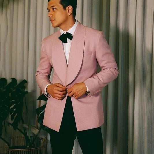 Trajes elegantes para hombre para boda, 2 piezas, chaqueta rosa, pantalón negro, ropa masculina, chal, solapa, banquete, traje de negocios para hombre