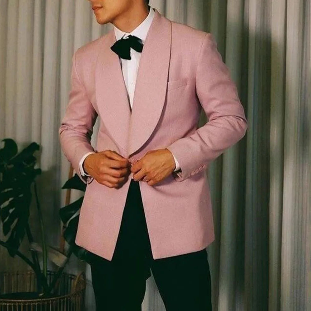 Costume élégant pour homme pour mariage, 2 pièces, veste rose, pantalon noir, vêtements pour hommes, col châle, costume de banquet, costume d'affaires pour homme