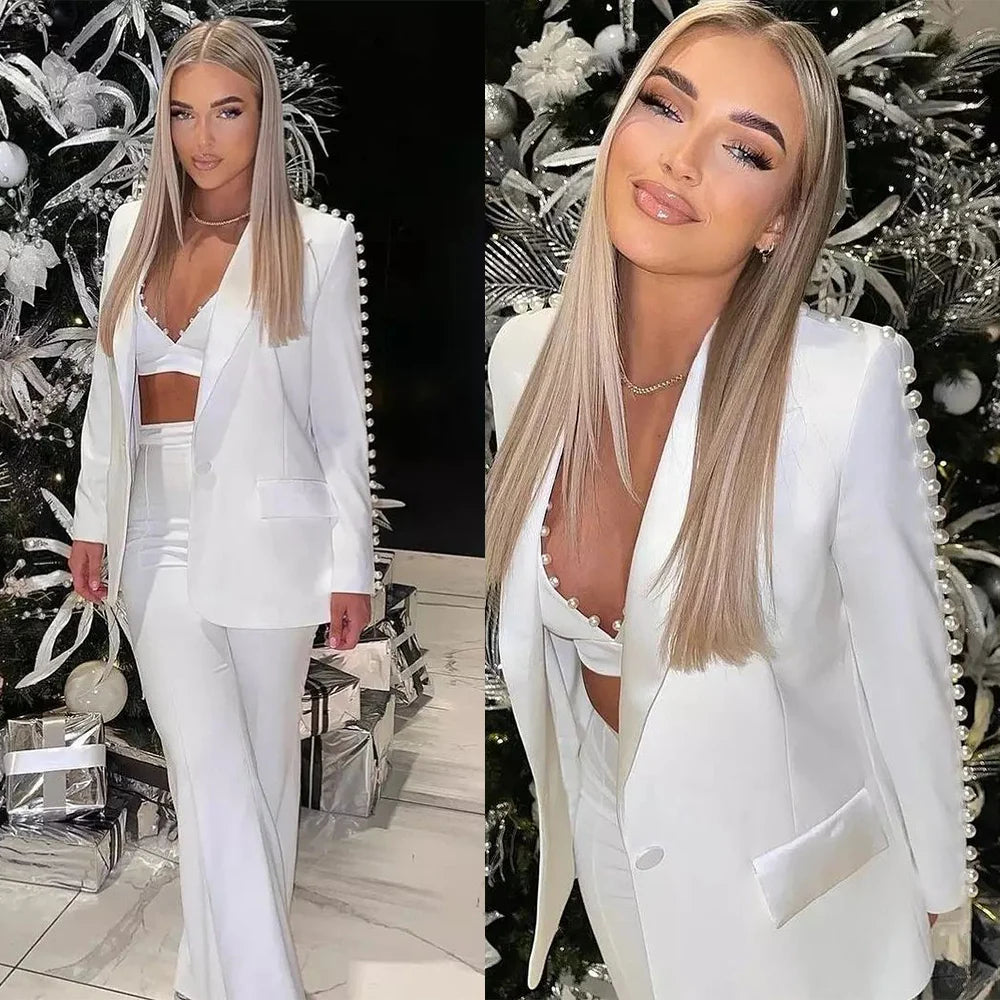 Elegant Pearls 3 Pcs Women Suits Set Underwear+Blazer+Pant Evening Party Tuxedos Peaked Lapel Wedding Bride Suits Set Customize