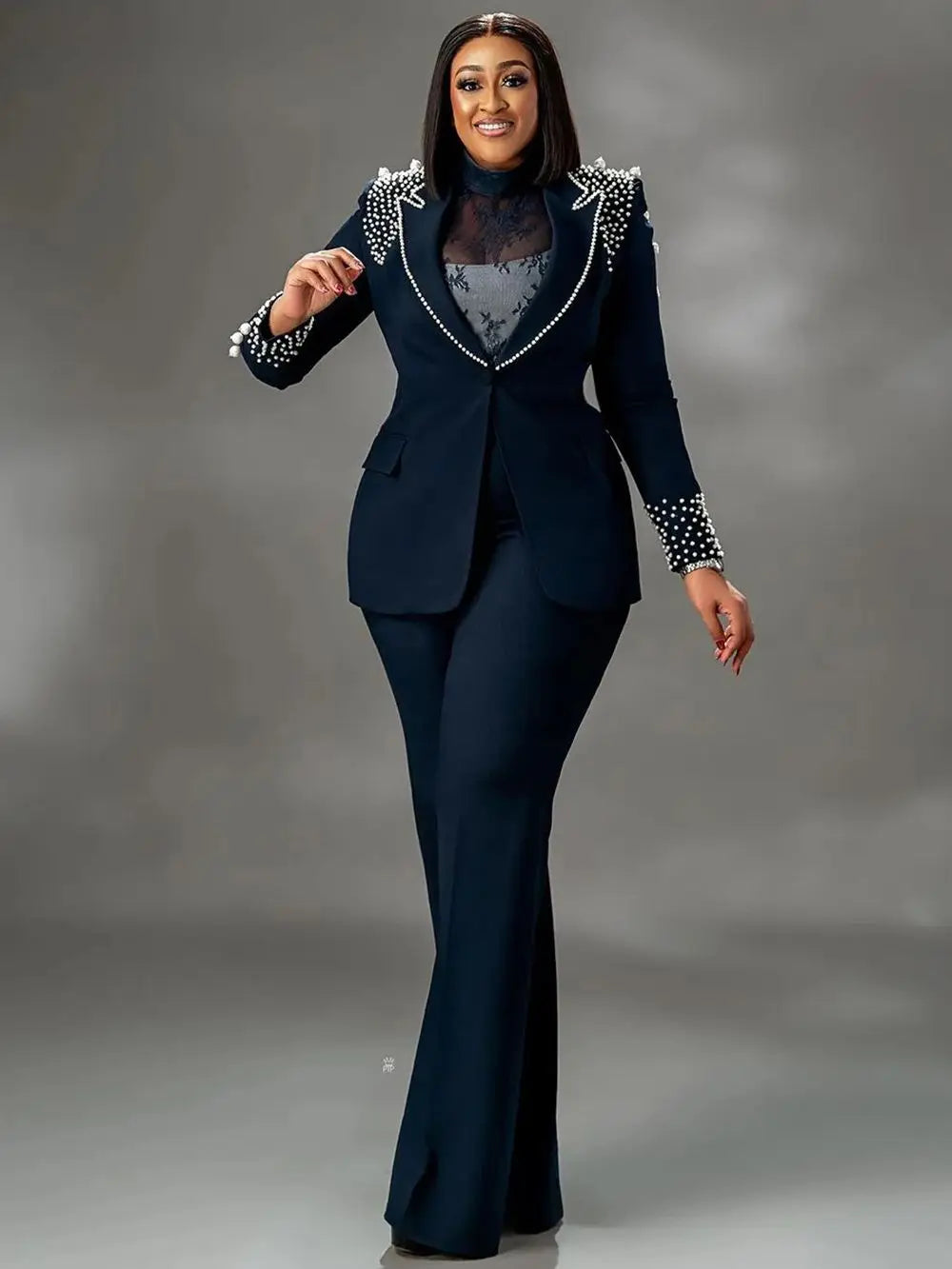 Robes de mère de la mariée élégantes en perles, ensemble 2 pièces, blazer vintage à un bouton avec poche et pantalon évasé