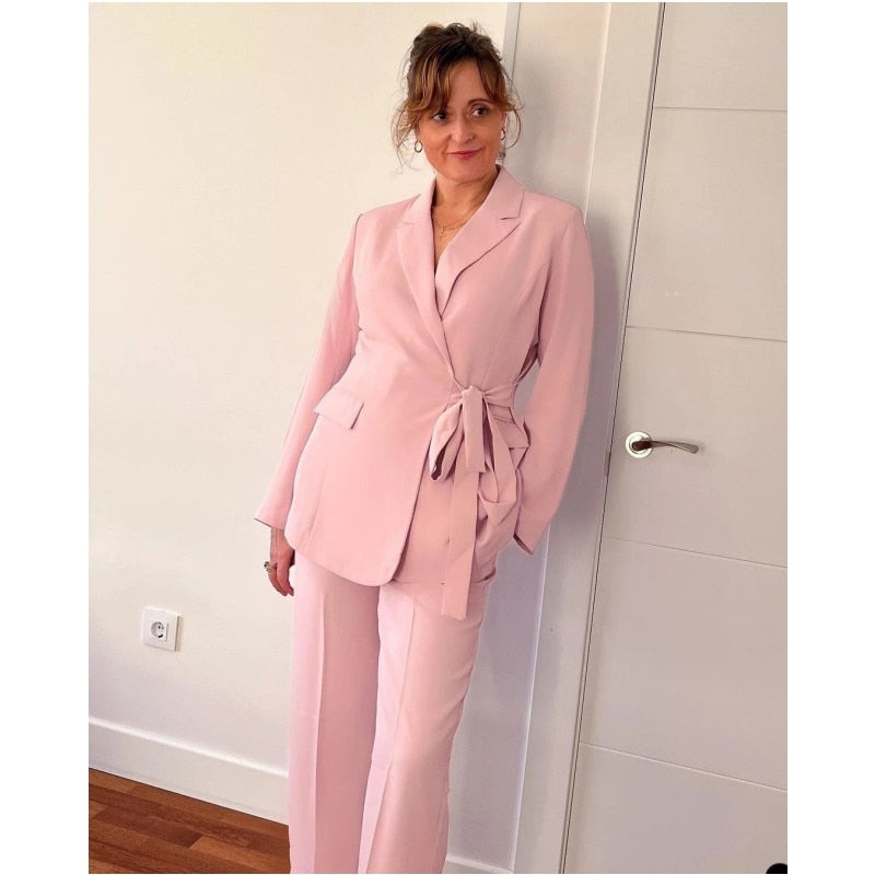 Pink Mother of the Bride Pants Suits With Belt Office Lady Oversize Blazer Wedding Wear 2 Pieces Jacket+Pants