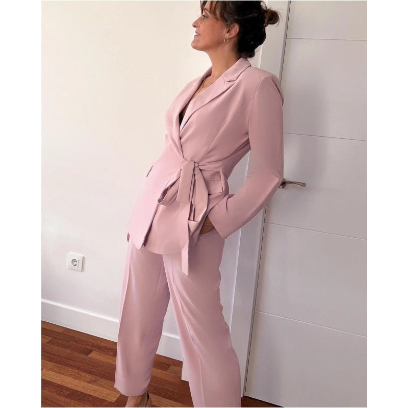 Pink Mother of the Bride Pants Suits With Belt Office Lady Oversize Blazer Wedding Wear 2 Pieces Jacket+Pants