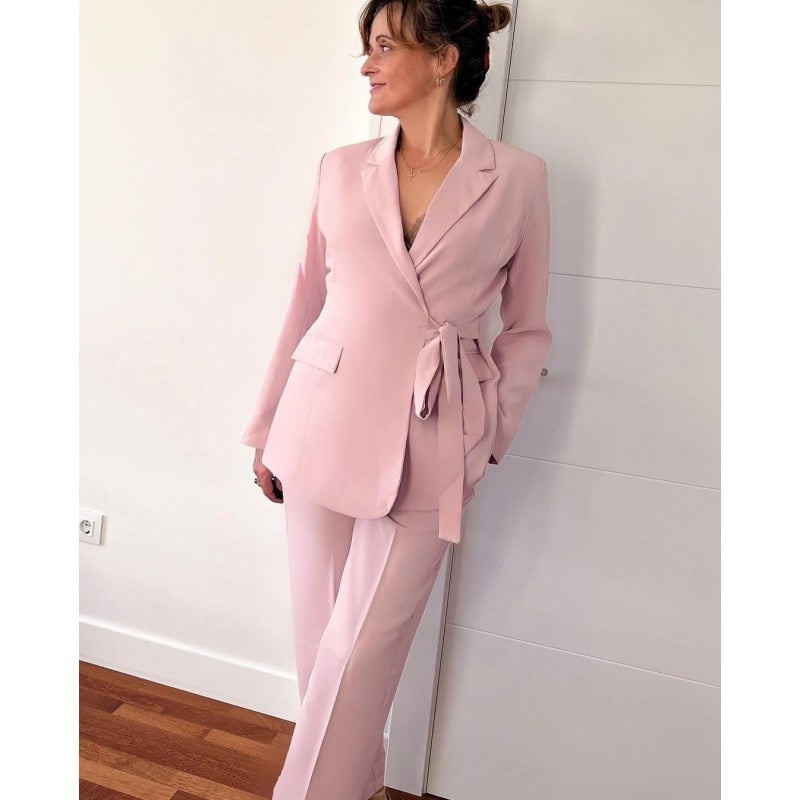 Pink Mother of the Bride Pants Suits With Belt Office Lady Oversize Blazer Wedding Wear 2 Pieces Jacket+Pants