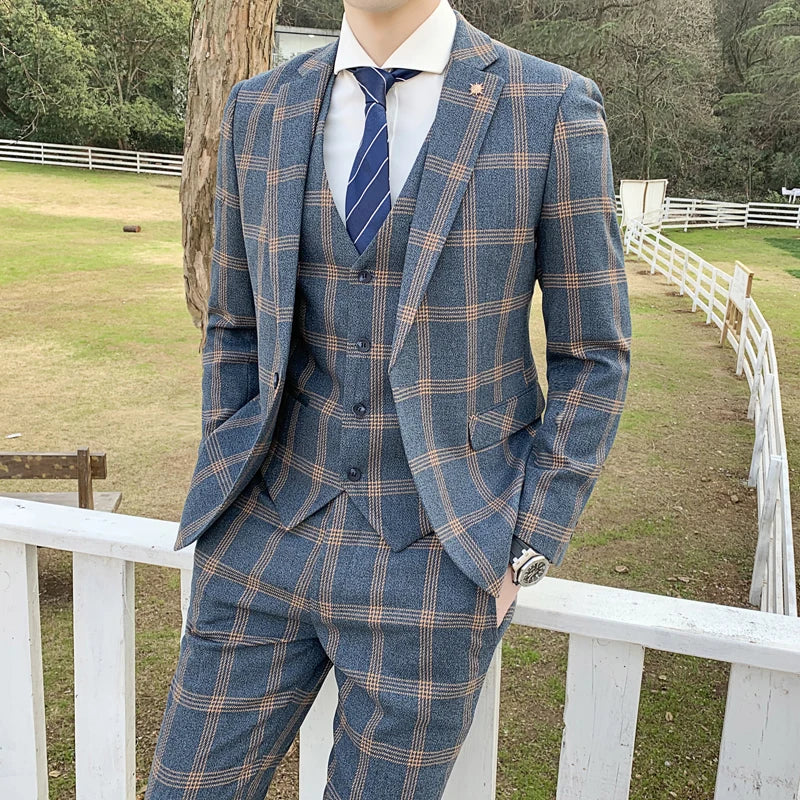 Elegant Plaid Men Suit Smart Casual Single Breasted Slim Fit Notch Lapel Blazer with Pants 2 Piece