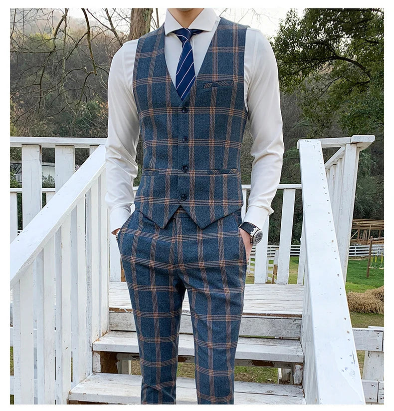 Elegant Plaid Men Suit Smart Casual Single Breasted Slim Fit Notch Lapel Blazer with Pants 2 Piece