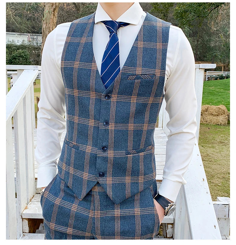 Elegant Plaid Men Suit Smart Casual Single Breasted Slim Fit Notch Lapel Blazer with Pants 2 Piece