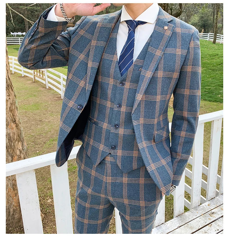 Elegant Plaid Men Suit Smart Casual Single Breasted Slim Fit Notch Lapel Blazer with Pants 2 Piece