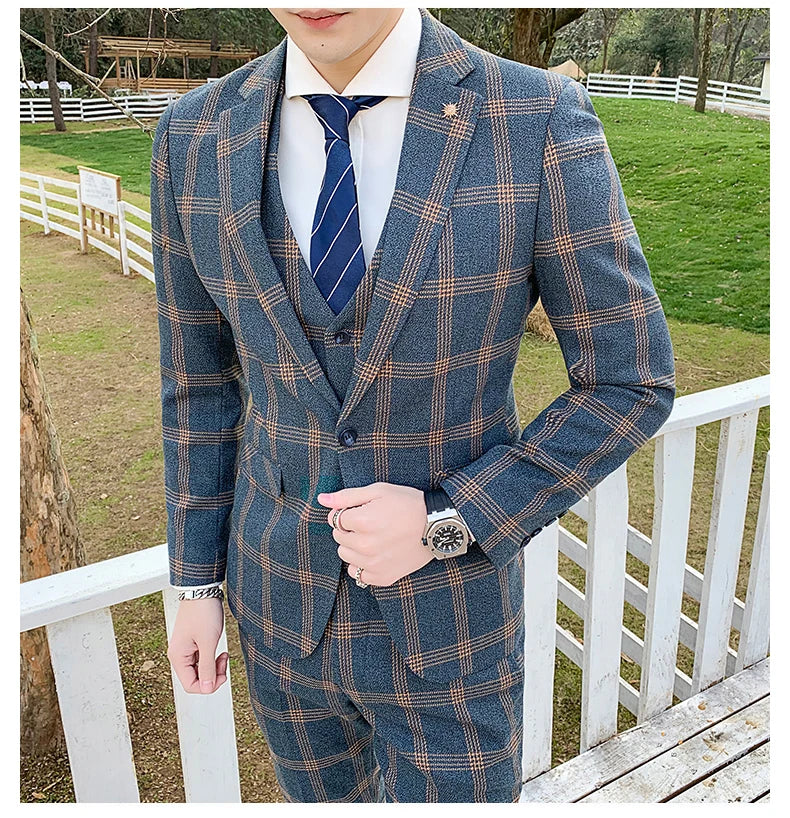 Elegant Plaid Men Suit Smart Casual Single Breasted Slim Fit Notch Lapel Blazer with Pants 2 Piece