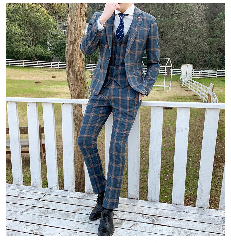 Elegant Plaid Men Suit Smart Casual Single Breasted Slim Fit Notch Lapel Blazer with Pants 2 Piece
