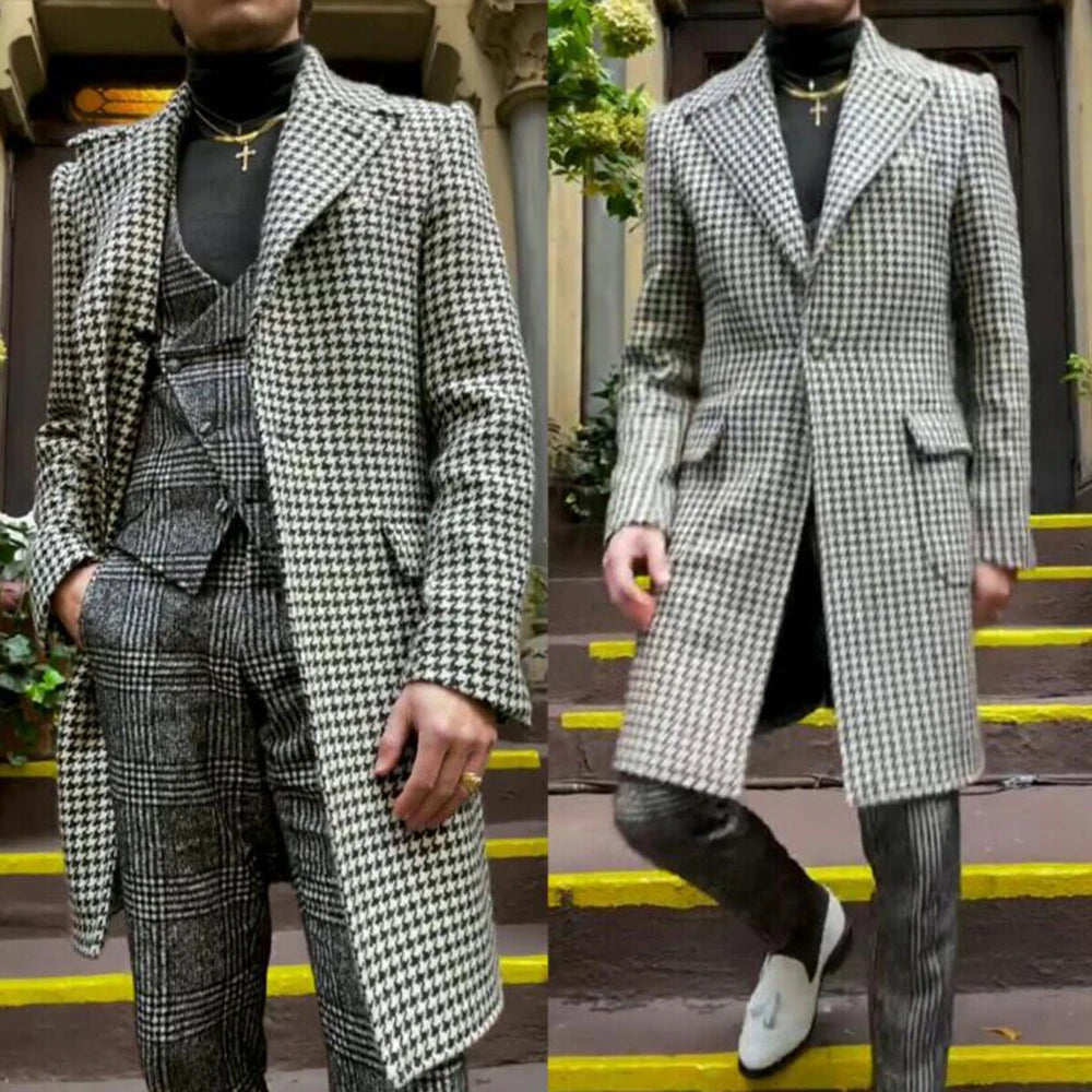 Elegantes trajes a cuadros para hombre, personalizados, con pata de gallo, chaqueta larga de un solo pecho, esmoquin formal para negocios, fiestas, bodas, 3 piezas