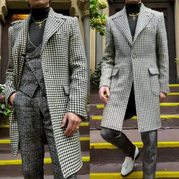 Elegantes trajes a cuadros para hombre, personalizados, con pata de gallo, chaqueta larga de un solo pecho, esmoquin formal para negocios, fiestas, bodas, 3 piezas