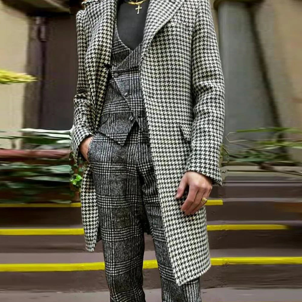 Elegantes trajes a cuadros para hombre, personalizados, con pata de gallo, chaqueta larga de un solo pecho, esmoquin formal para negocios, fiestas, bodas, 3 piezas