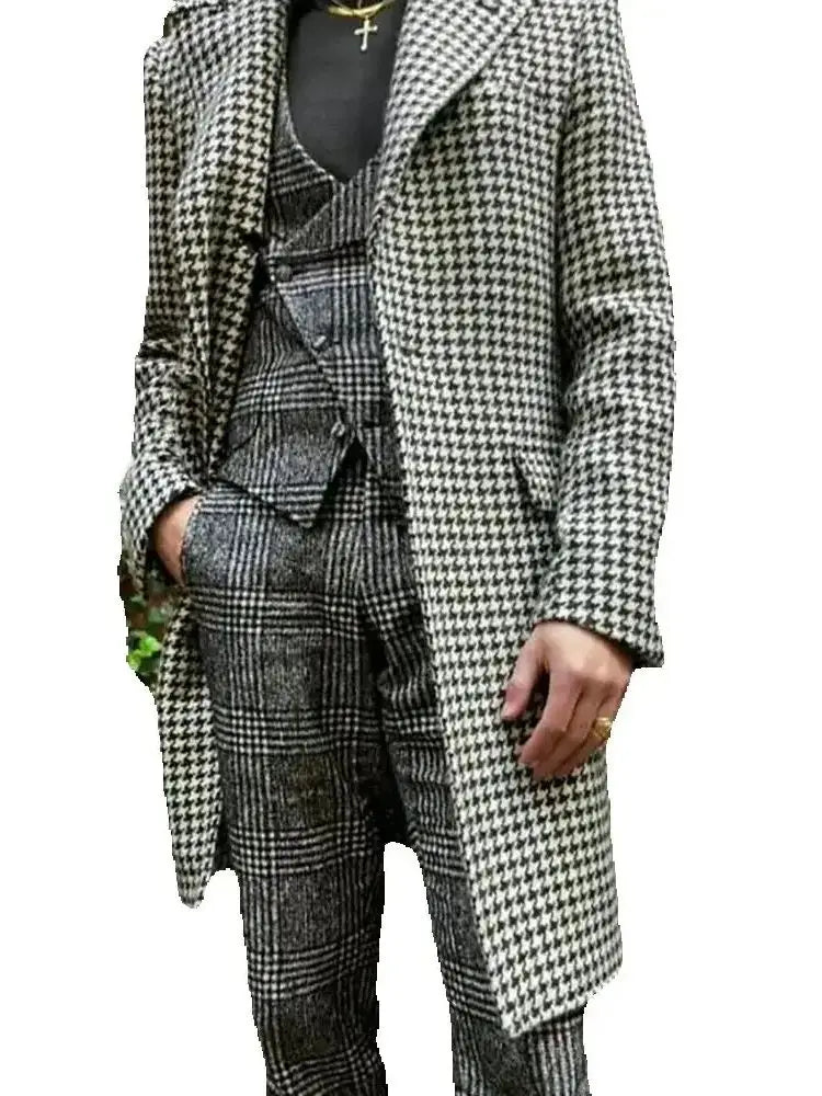 Elegantes trajes a cuadros para hombre, personalizados, con pata de gallo, chaqueta larga de un solo pecho, esmoquin formal para negocios, fiestas, bodas, 3 piezas