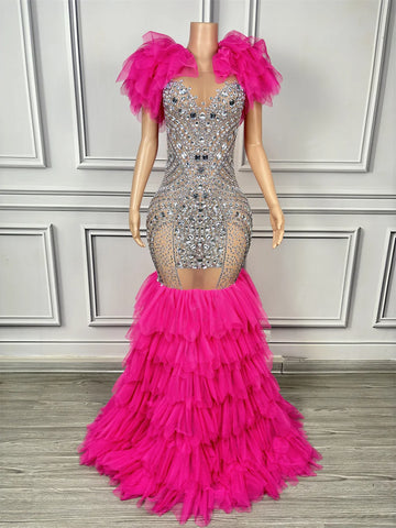 Elegant Rose Red Ruffle Floor Length Dress for Women Rhinestone Sparkly Dressy Singer Wedding Evening Stage Wear Drag Queen