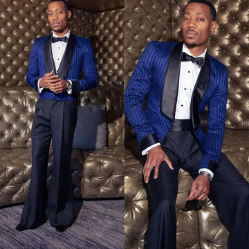 Elegante traje de boda azul real para hombre, cuello chal, dos piezas, pantalones acampanados, esmoquin para hombre, traje de ocasión de alta calidad hecho a medida.