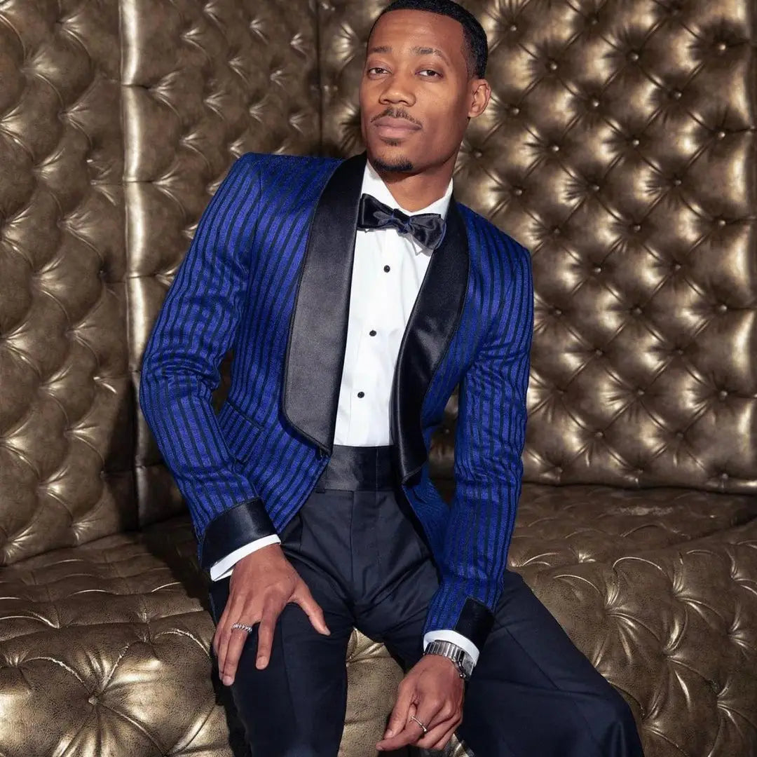 Elegante traje de boda azul real para hombre, cuello chal, dos piezas, pantalones acampanados, esmoquin para hombre, traje de ocasión de alta calidad hecho a medida.