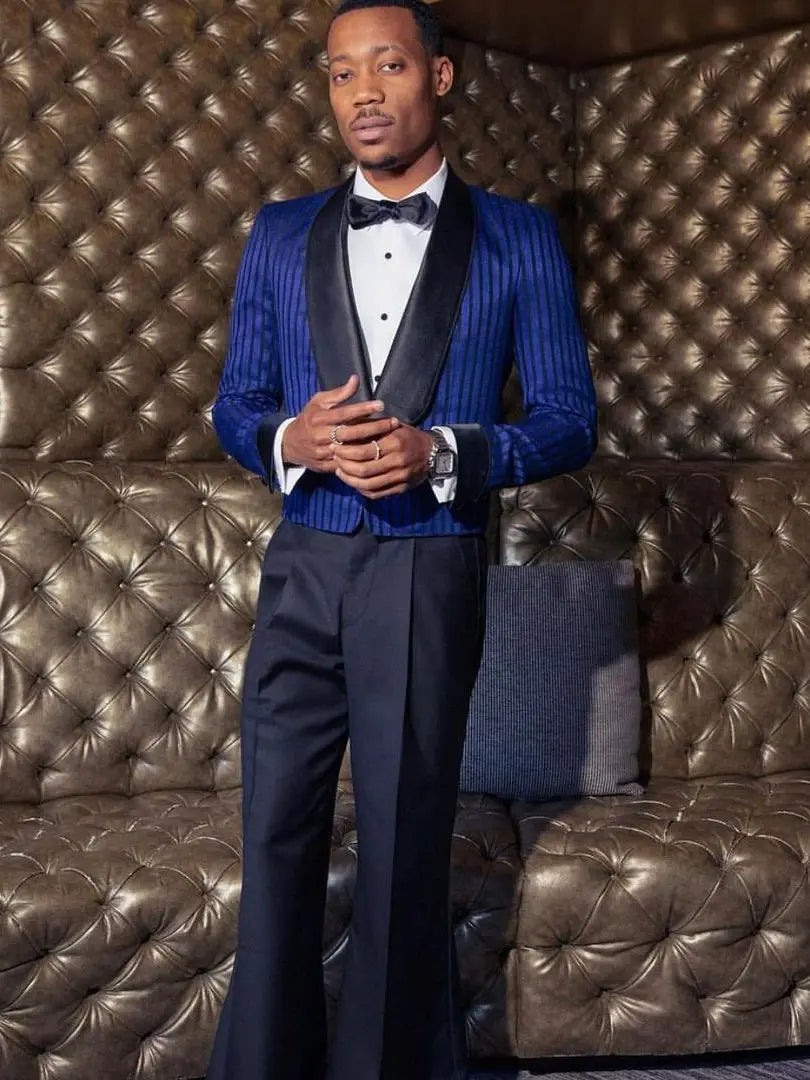 Elegante traje de boda azul real para hombre, cuello chal, dos piezas, pantalones acampanados, esmoquin para hombre, traje de ocasión de alta calidad hecho a medida.