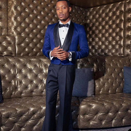Elegante traje de boda azul real para hombre, cuello chal, dos piezas, pantalones acampanados, esmoquin para hombre, traje de ocasión de alta calidad hecho a medida.