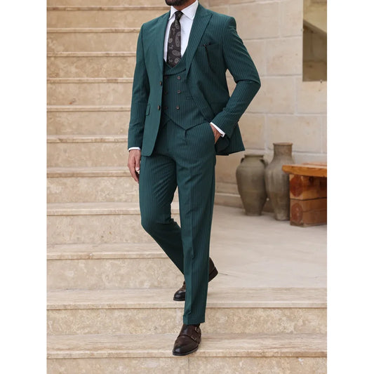 Elegant Stripe Men Suits 3 Piece (Jacket+Pants+Vest) Fashion Single Breasted Peak Lapel Clothing Smart Casual Wedding Male Suit