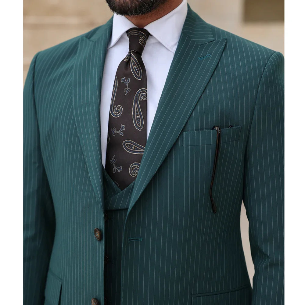 Elegant Stripe Men Suits 3 Piece (Jacket+Pants+Vest) Fashion Single Breasted Peak Lapel Clothing Smart Casual Wedding Male Suit