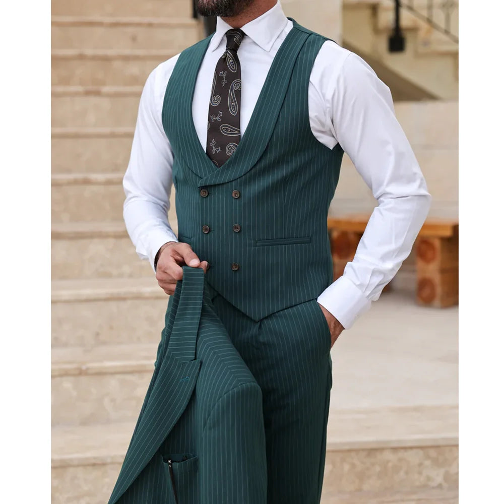 Elegant Stripe Men Suits 3 Piece (Jacket+Pants+Vest) Fashion Single Breasted Peak Lapel Clothing Smart Casual Wedding Male Suit