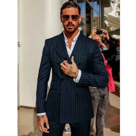 Elegant Suits Summer Strip Suit Two Piece High Quality Casual Suit Set Men's Clothing New in Suits and Blazers Male Clothes Coat