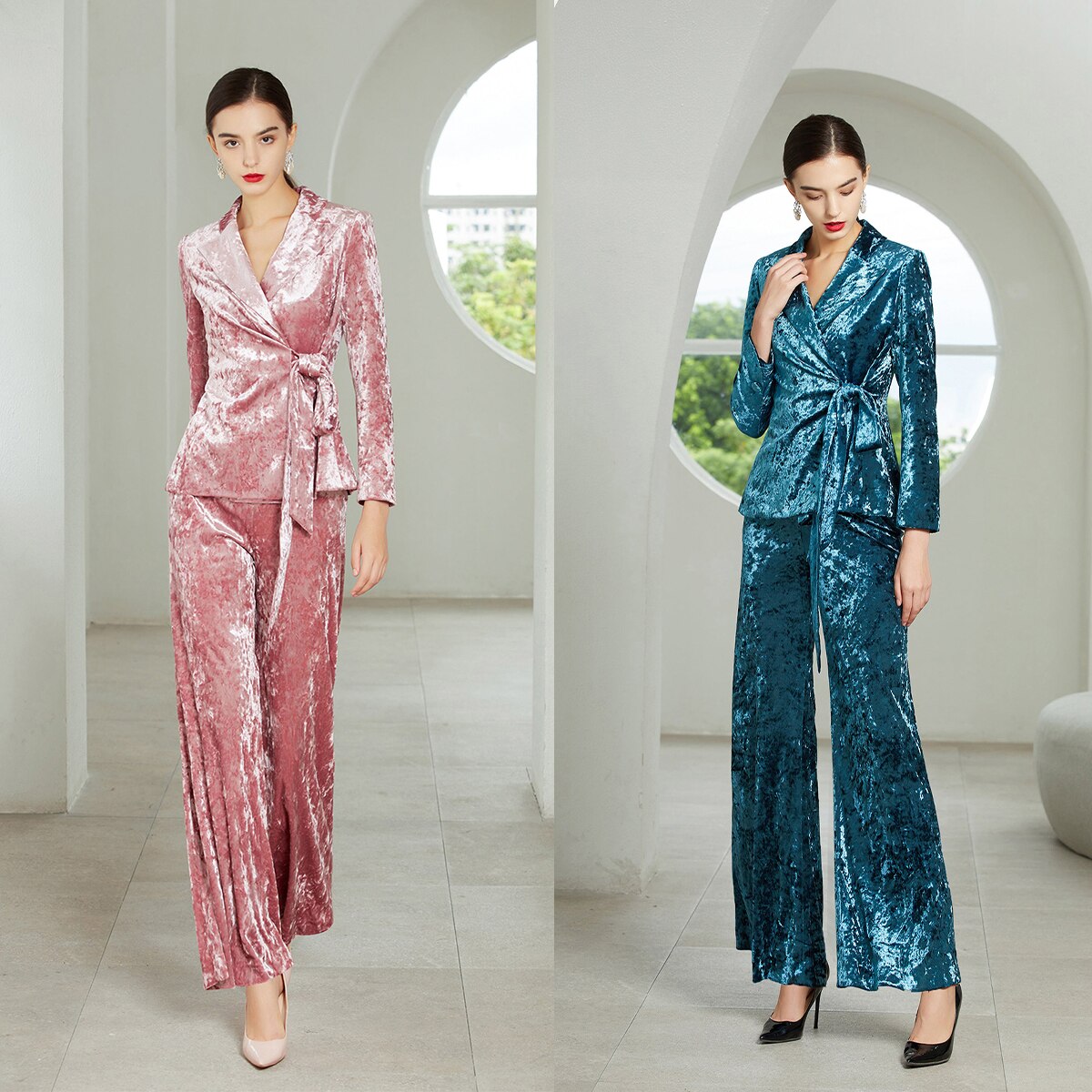 Trajes de pantalón a medida para mujer, de terciopelo, para fiesta de graduación, blazer para boda, pantalones holgados, 2 piezas 