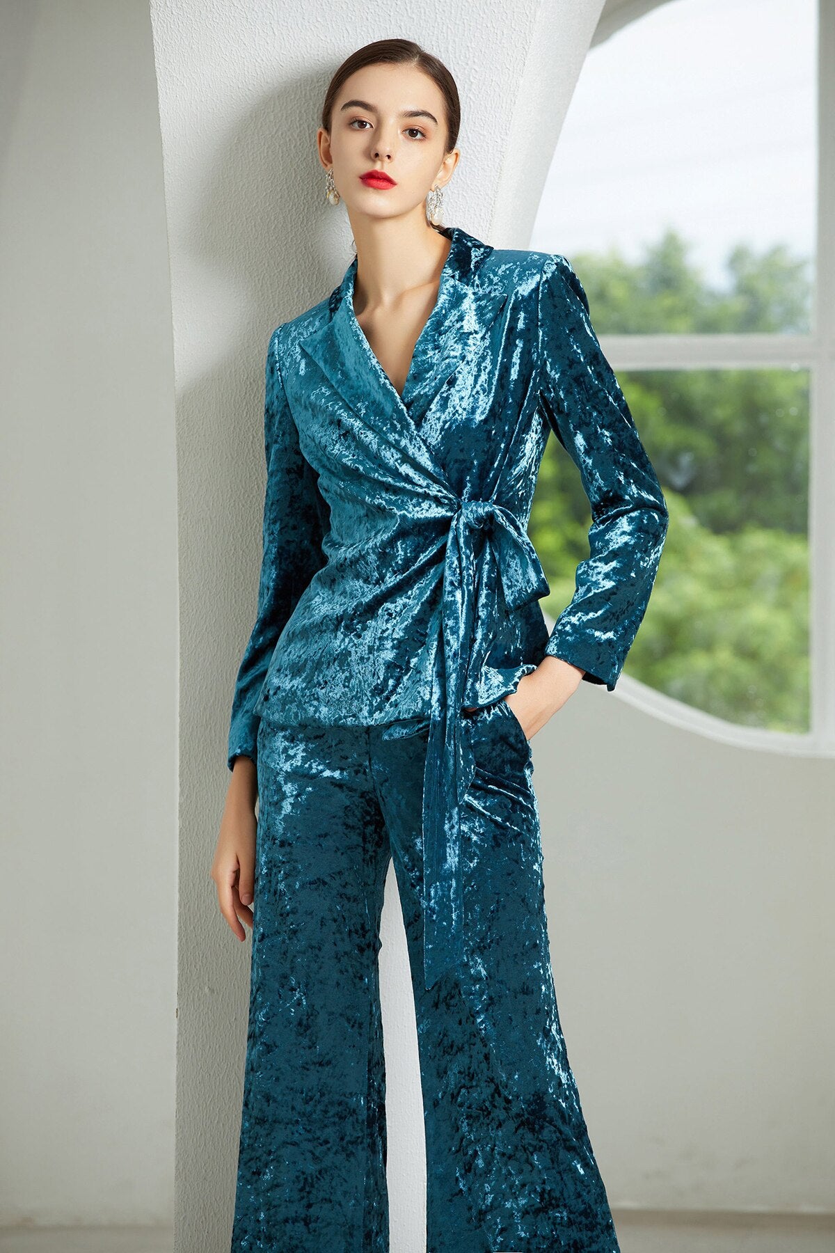 Trajes de pantalón a medida para mujer, de terciopelo, para fiesta de graduación, blazer para boda, pantalones holgados, 2 piezas 