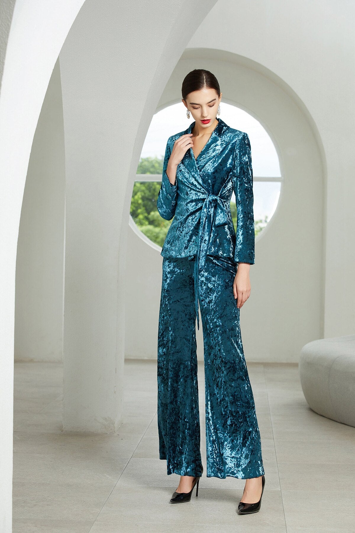 Trajes de pantalón a medida para mujer, de terciopelo, para fiesta de graduación, blazer para boda, pantalones holgados, 2 piezas 