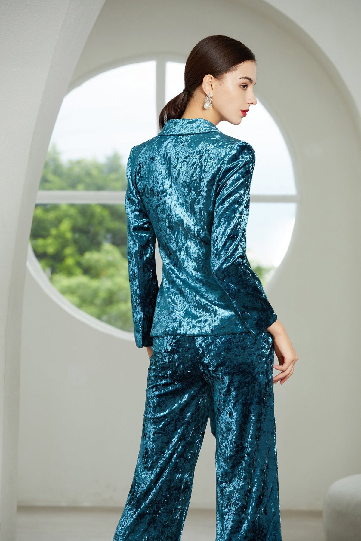 Trajes de pantalón a medida para mujer, de terciopelo, para fiesta de graduación, blazer para boda, pantalones holgados, 2 piezas 