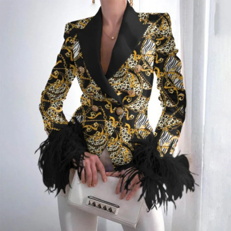 Elegant Turn-down Collar Lady Suit Tops Casual Feather Patchwork Long Sleeve Coat Women Fashion Double-Breasted Jacket Outerwear