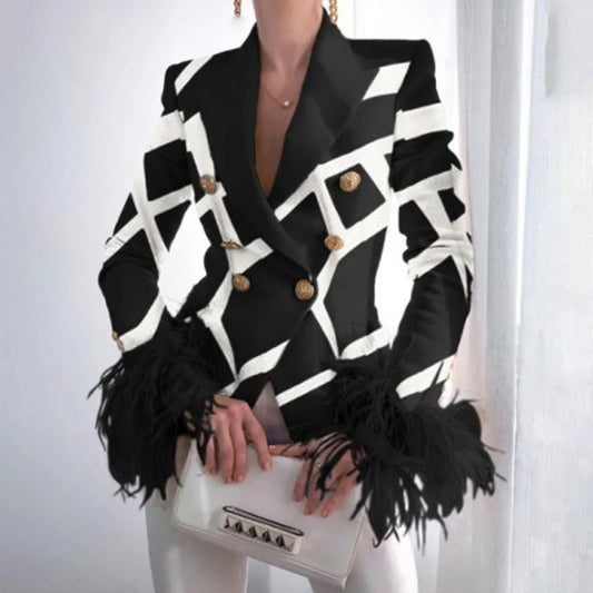 Elegant Turn-down Collar Lady Suit Tops Casual Feather Patchwork Long Sleeve Coat Women Fashion Double-Breasted Jacket Outerwear