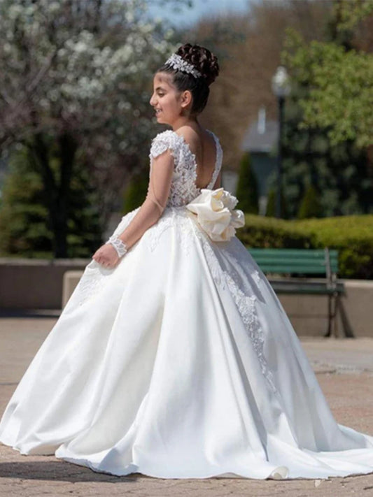 Vestido elegante de encaje blanco para niña de las flores con lazo grande y mangas cortas