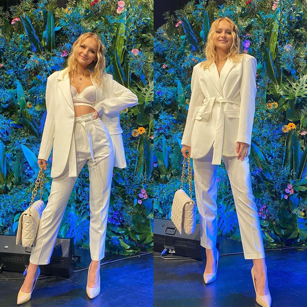 Conjunto de blazer blanco para mujer, 2 piezas, chaqueta con cinturón, pantalones pitillo, vestidos formales de negocios, fiesta de graduación, hechos a medida