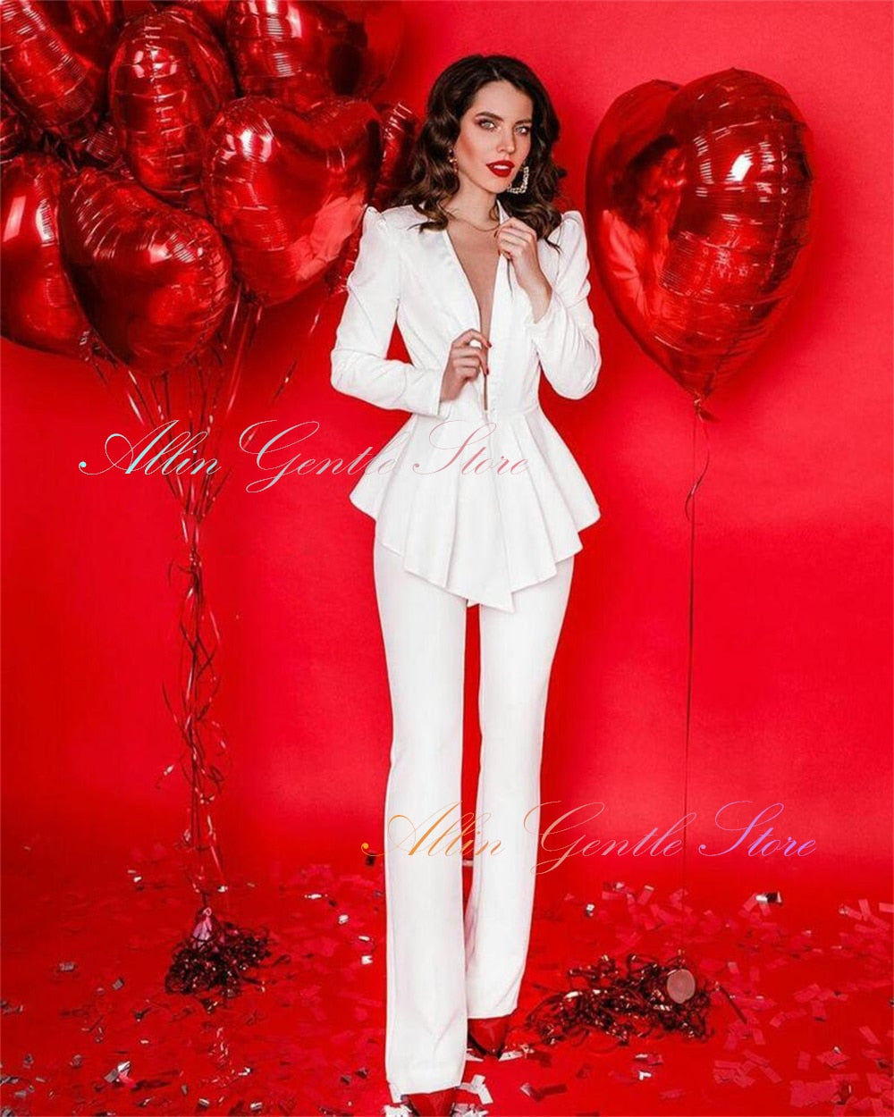 White Women Suits 2 Pieces Deep V Neck Jacket Special Designer Style Thin Blazer+Trousers Wedding Party Dress