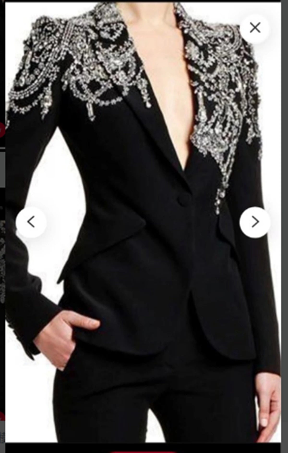Elegante chaqueta con cuentas de cristal para mujer, solapa con pico, largo completo, conjunto de 2 piezas, blazer negro ajustado y pantalón blanco.