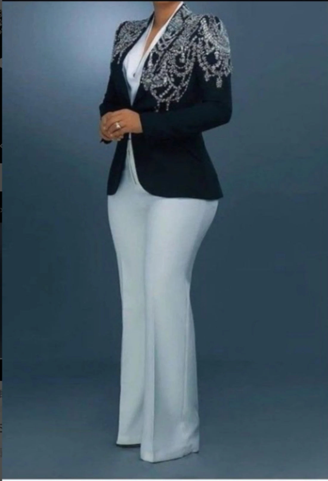 Elegant Women Crystal Beading Jacket Peaked Lapel Full Length 2 Pieces Set Slim Fit Black Blazer & White Pants