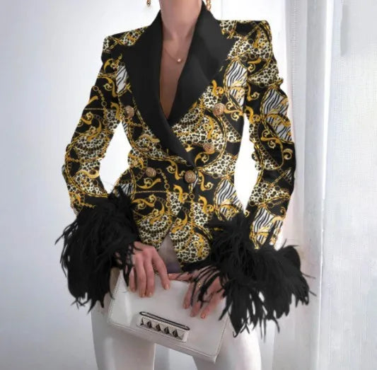 Blazer à plumes pour femme, nouveau haut à col rabattu, décontracté, manches longues, veste croisée, vêtements de bureau