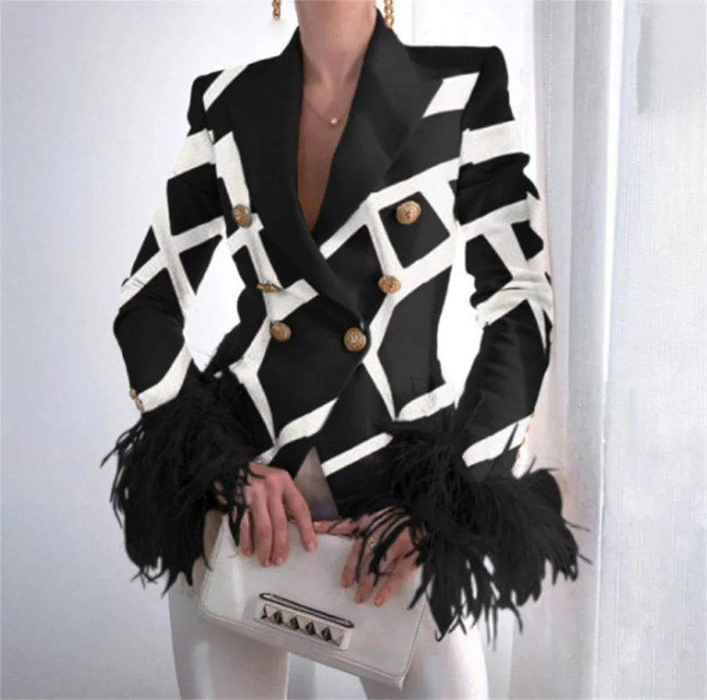 Blazer à plumes pour femme, nouveau haut à col rabattu, décontracté, manches longues, veste croisée, vêtements de bureau